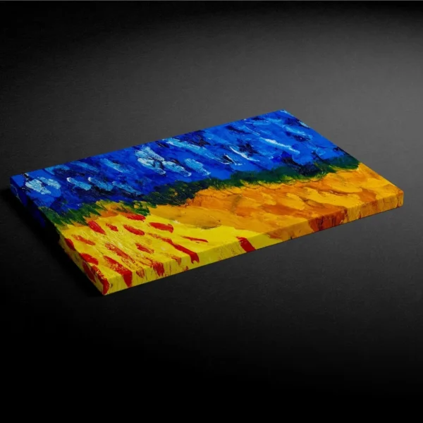 Modern abstract painting canvas wall art with blue and gold abstract shapes, creating a dynamic and expressive visual.