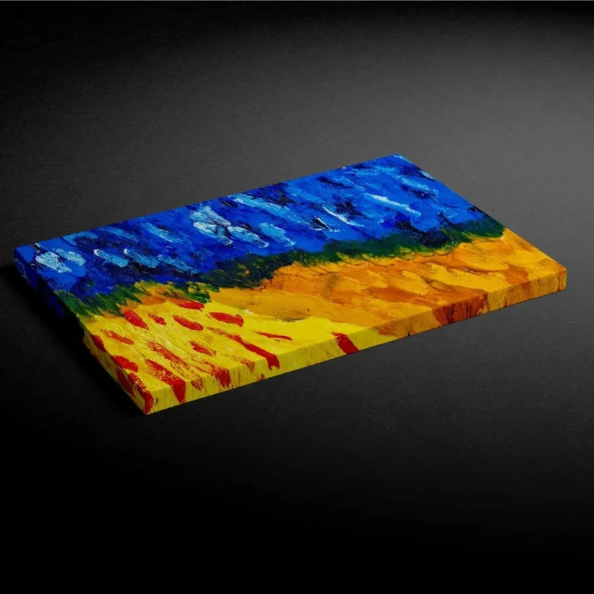 Modern abstract painting canvas wall art with blue and gold abstract shapes, creating a dynamic and expressive visual.