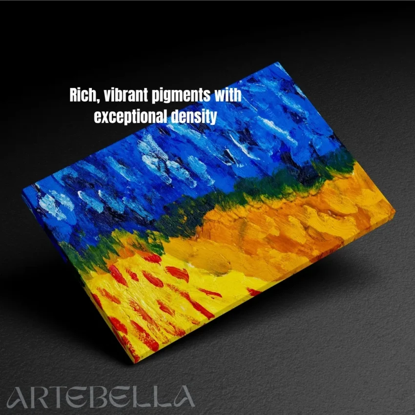 Modern abstract painting canvas wall art with blue and gold abstract shapes, creating a dynamic and expressive visual.