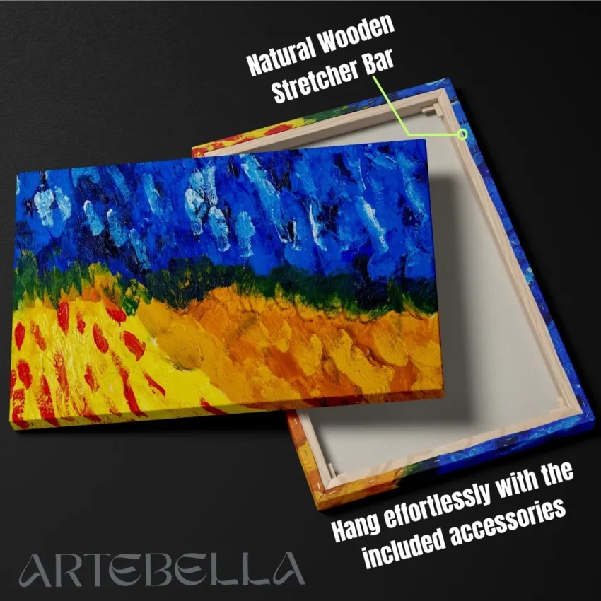 Modern abstract painting canvas wall art with blue and gold abstract shapes, creating a dynamic and expressive visual.