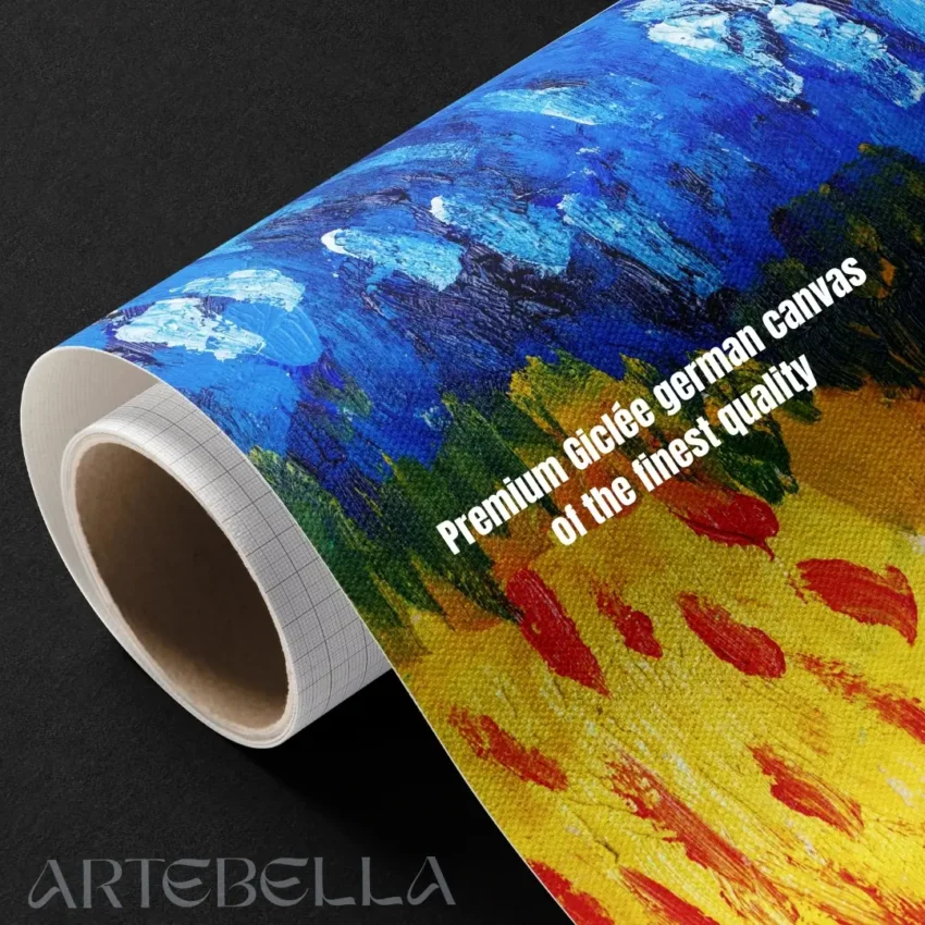 Modern abstract painting canvas wall art with blue and gold abstract shapes, creating a dynamic and expressive visual.