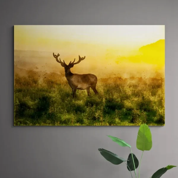 Nature-themed gallery wraps canvas wall art of a peaceful deer at dawn, capturing a magical moment in the wild.
