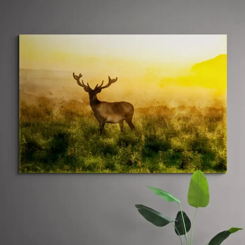 Nature-themed gallery wraps canvas wall art of a peaceful deer at dawn, capturing a magical moment in the wild.