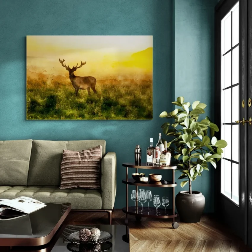 Nature-themed gallery wraps canvas wall art of a peaceful deer at dawn, capturing a magical moment in the wild.