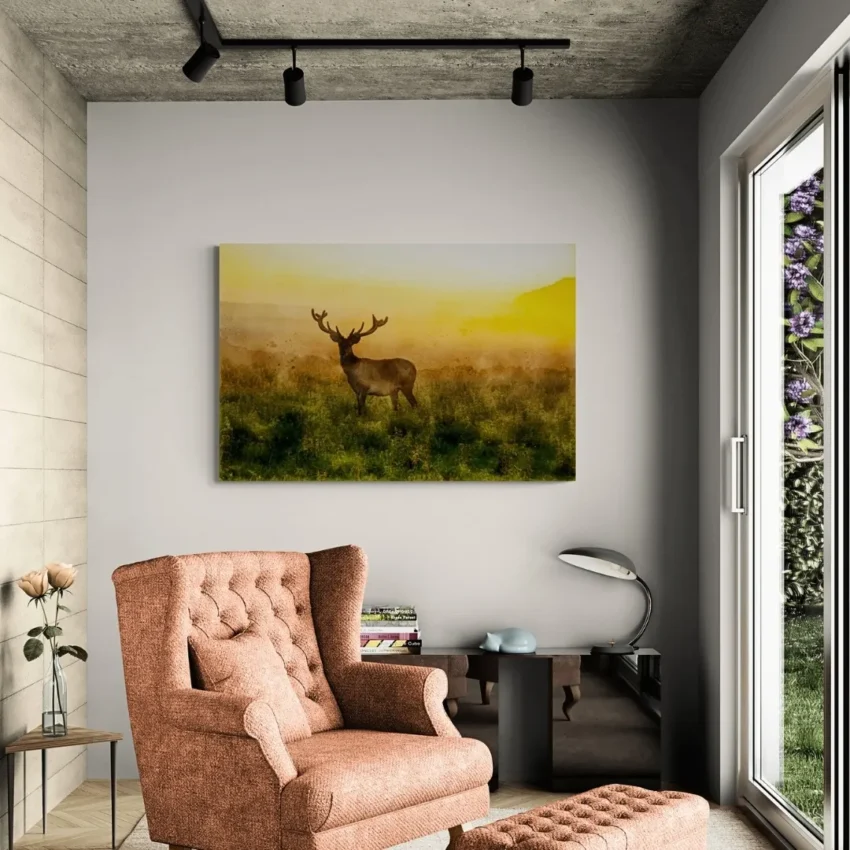 Nature-themed gallery wraps canvas wall art of a peaceful deer at dawn, capturing a magical moment in the wild.
