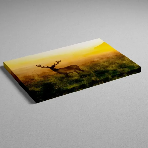 Nature-themed gallery wraps canvas wall art of a peaceful deer at dawn, capturing a magical moment in the wild.