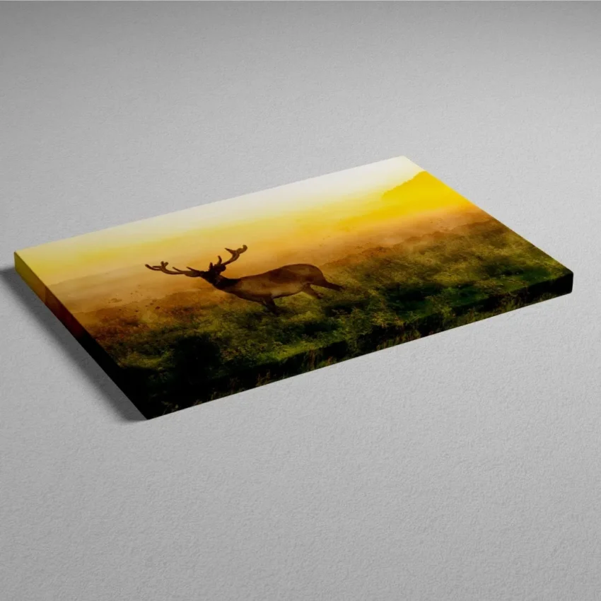 Nature-themed gallery wraps canvas wall art of a peaceful deer at dawn, capturing a magical moment in the wild.