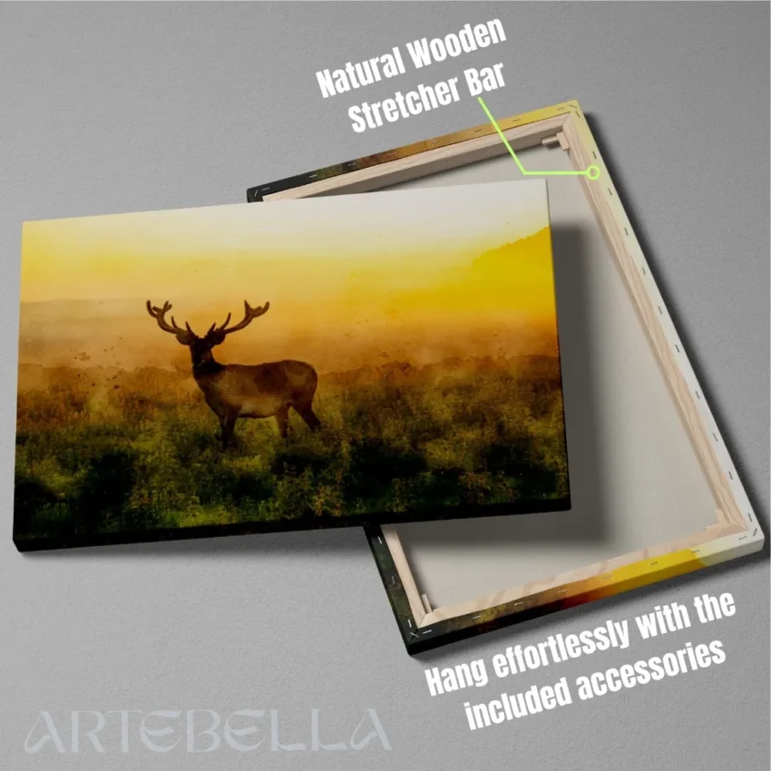 Nature-themed gallery wraps canvas wall art of a peaceful deer at dawn, capturing a magical moment in the wild.