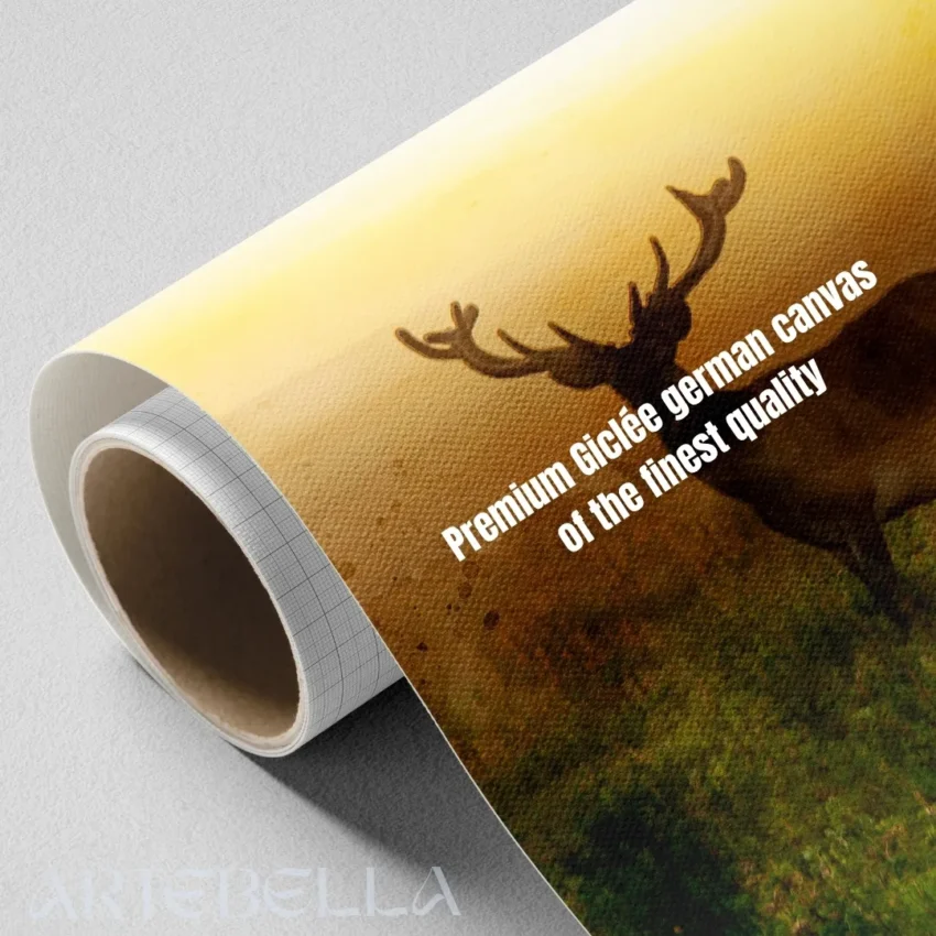 Nature-themed gallery wraps canvas wall art of a peaceful deer at dawn, capturing a magical moment in the wild.