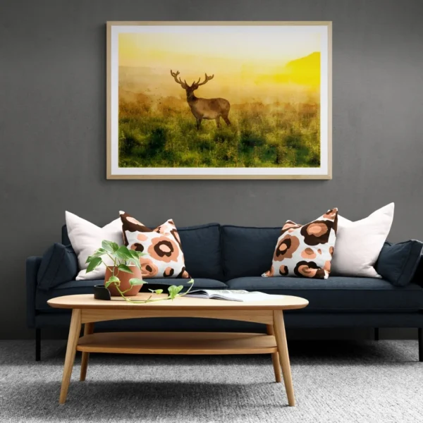 Nature-themed gallery wraps canvas wall art of a peaceful deer at dawn, capturing a magical moment in the wild.