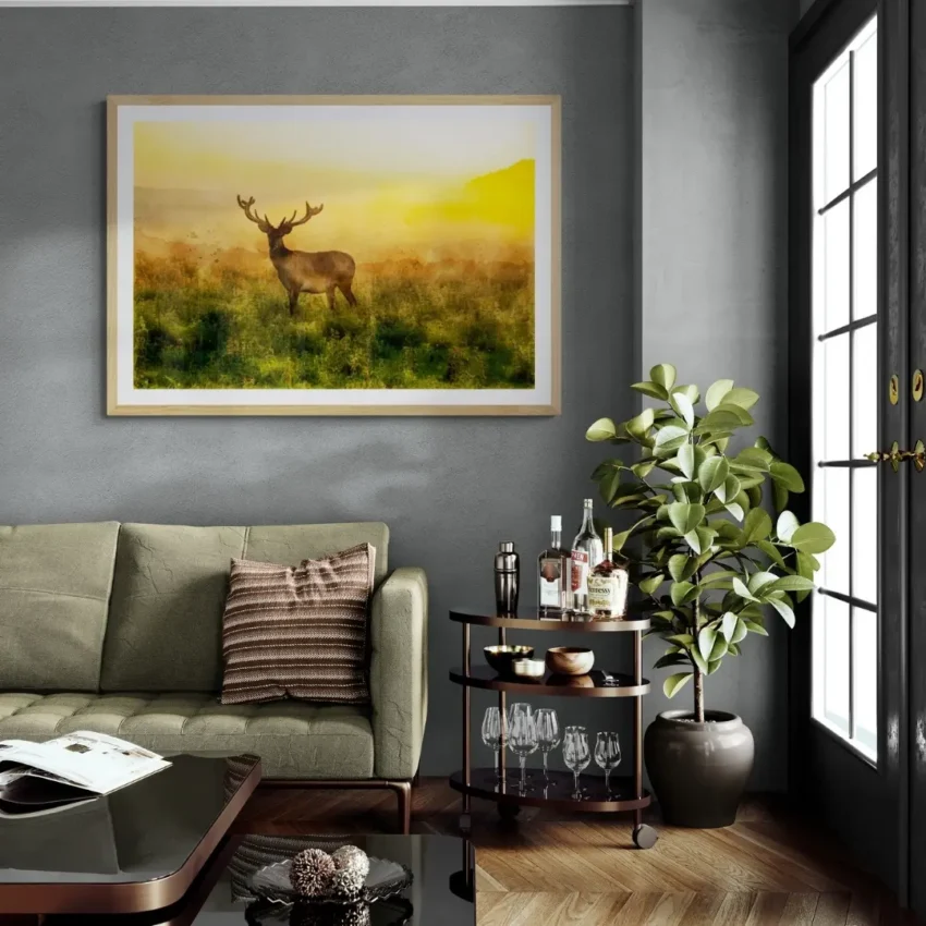 Nature-themed gallery wraps canvas wall art of a peaceful deer at dawn, capturing a magical moment in the wild.