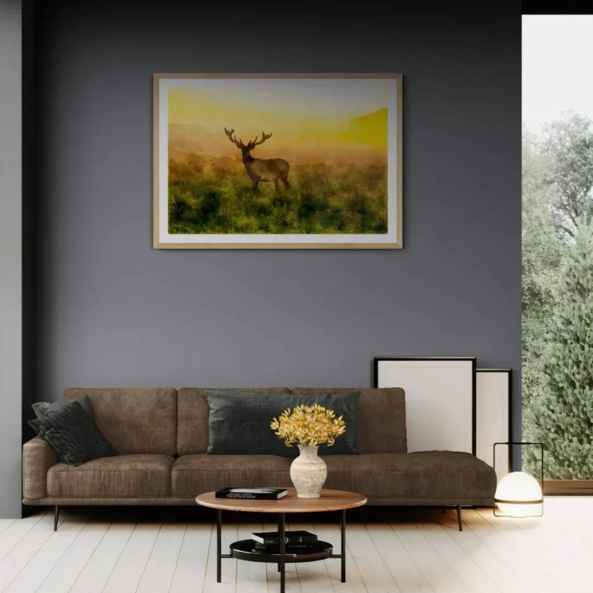 Nature-themed gallery wraps canvas wall art of a peaceful deer at dawn, capturing a magical moment in the wild.