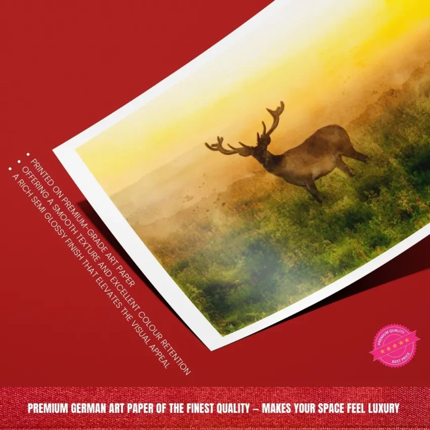 Nature-themed gallery wraps canvas wall art of a peaceful deer at dawn, capturing a magical moment in the wild.