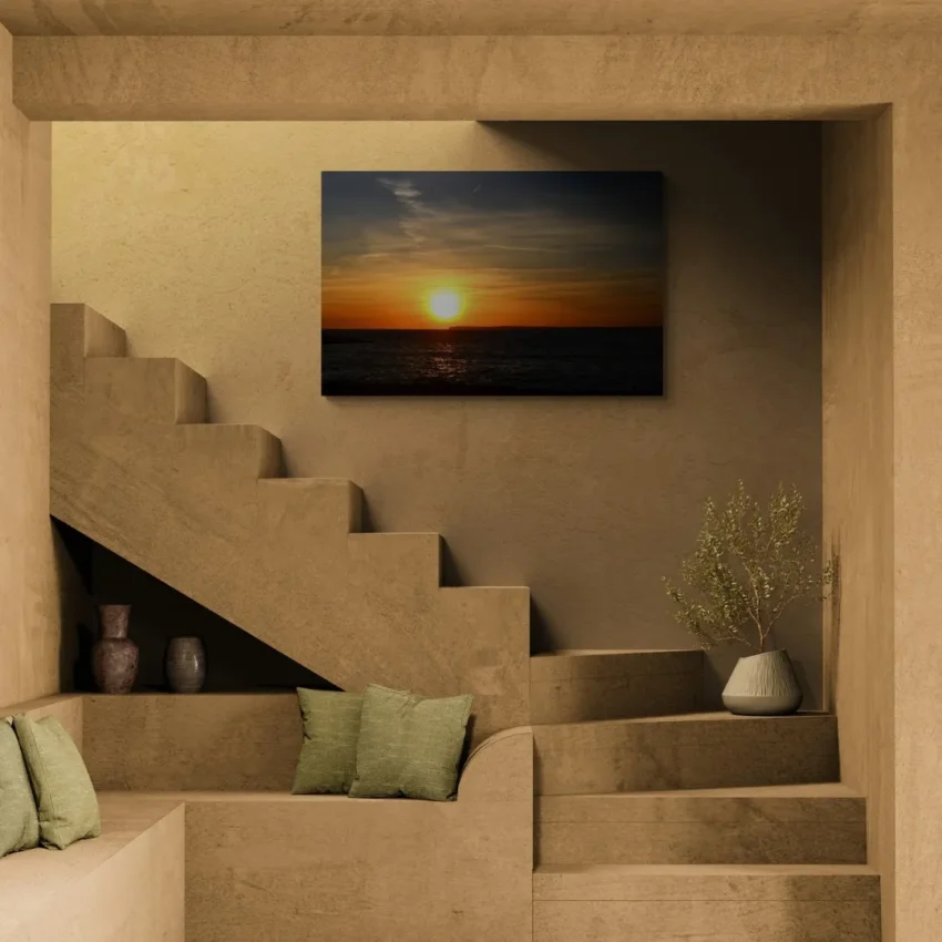 Nature-themed canvas wall art of a painting titled "Golden Serenity" capturing a timeless sunset over the ocean.