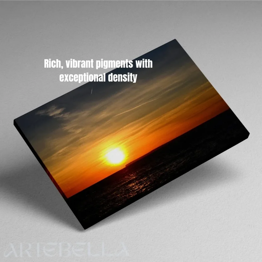 Nature-themed canvas wall art of a painting titled "Golden Serenity" capturing a timeless sunset over the ocean.