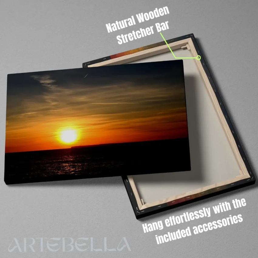 Nature-themed canvas wall art of a painting titled "Golden Serenity" capturing a timeless sunset over the ocean.