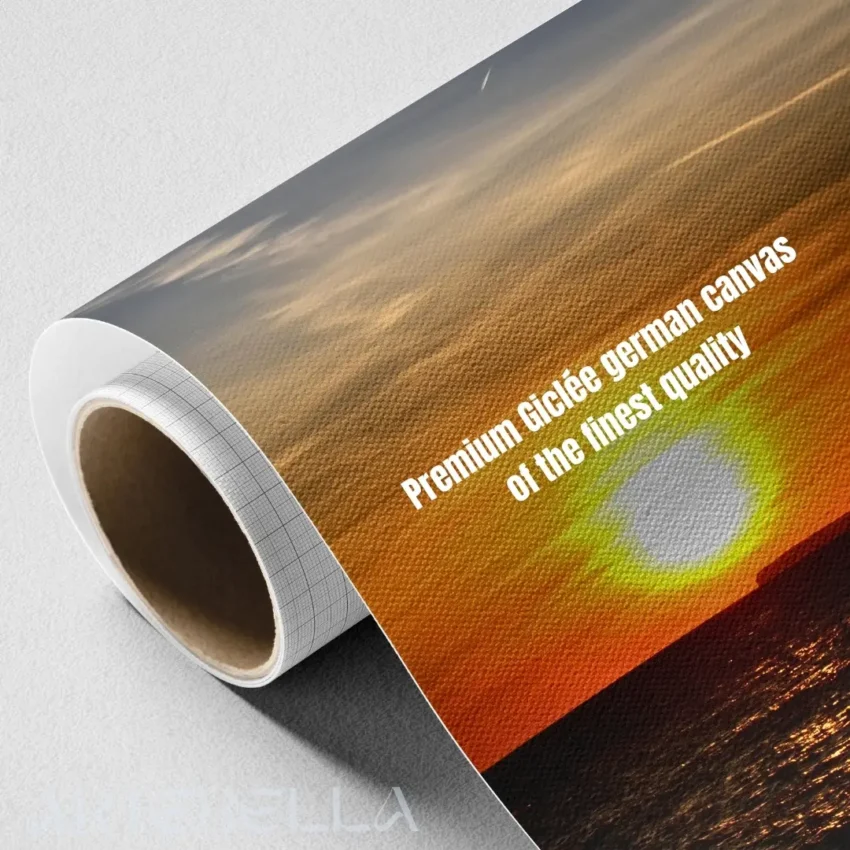 Nature-themed canvas wall art of a painting titled "Golden Serenity" capturing a timeless sunset over the ocean.