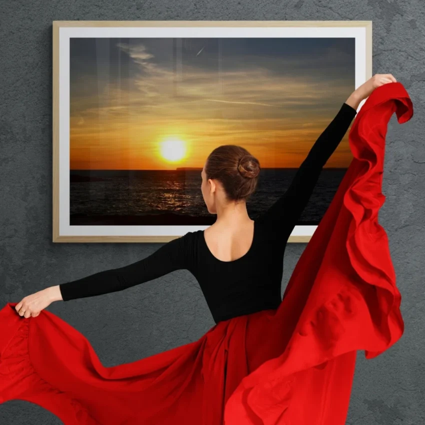 Nature-themed canvas wall art of a painting titled "Golden Serenity" capturing a timeless sunset over the ocean.