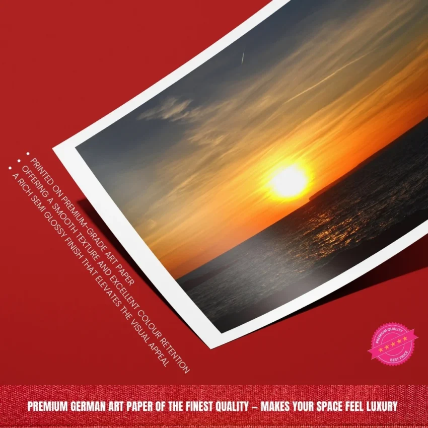 Nature-themed canvas wall art of a painting titled "Golden Serenity" capturing a timeless sunset over the ocean.