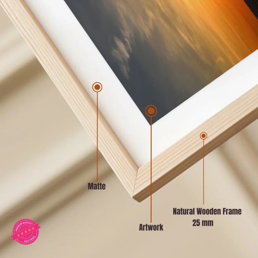 Nature-themed canvas wall art of a painting titled "Golden Serenity" capturing a timeless sunset over the ocean.