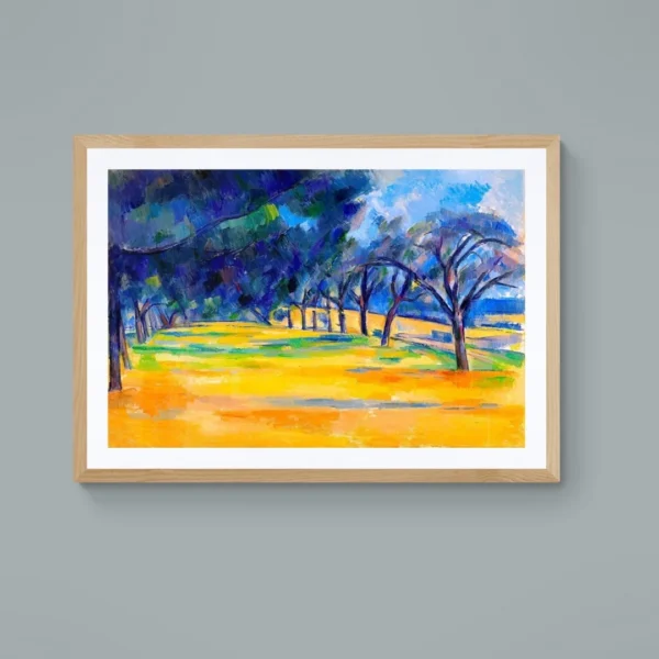 A framed wall art painting titled "Path Through the Golden Woods" showing a scenic path through blue and green trees with bright yellow grass.