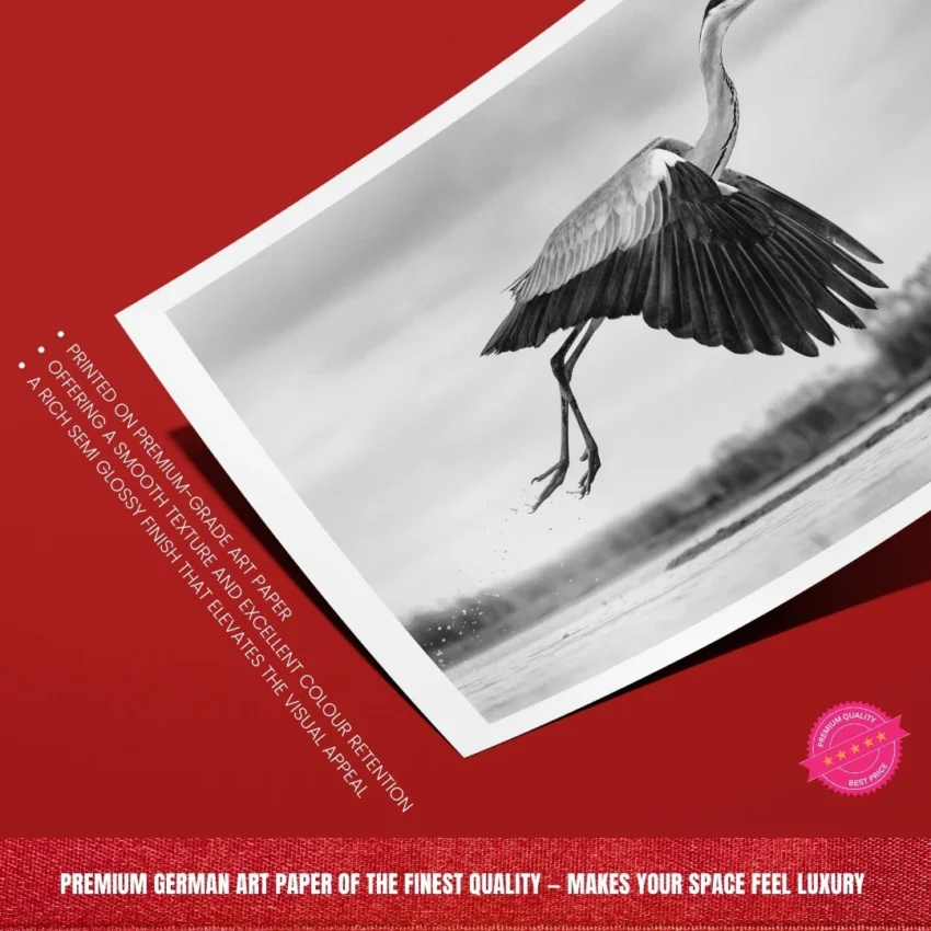 Nature-themed canvas wall art showing a heron with its wings spread in mid-flight over water.