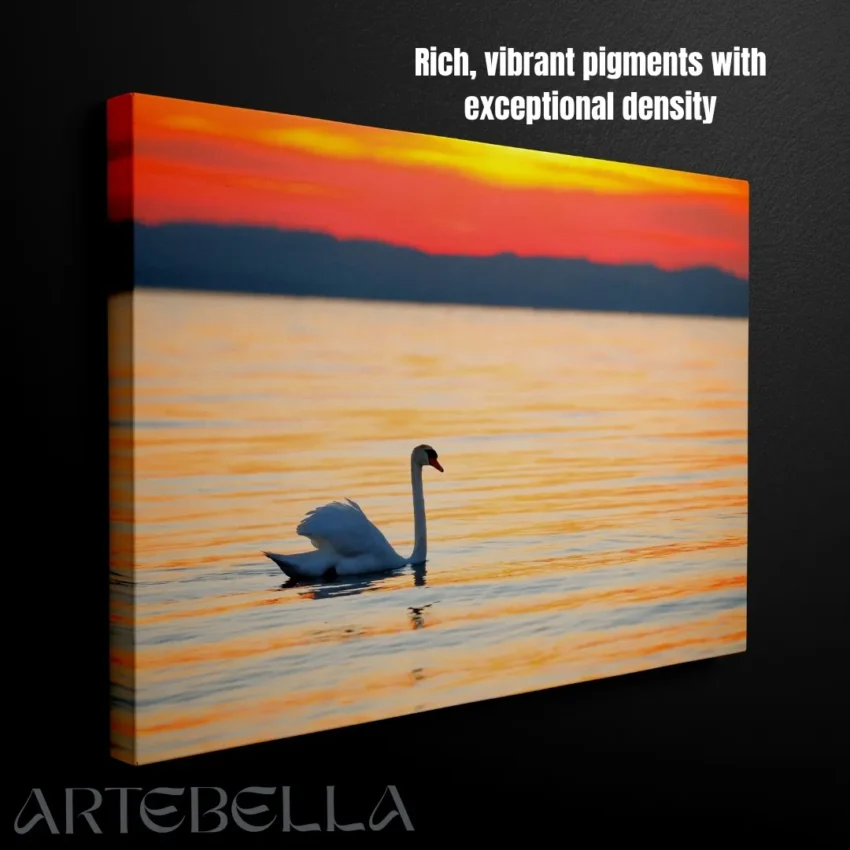 Nature-themed gallery wraps canvas wall art of a serene white swan gliding on calm water during a vibrant orange and gold sunset capturing a peaceful and elegant atmosphere.