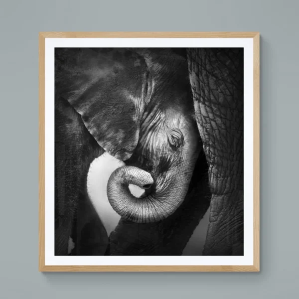 Nature art of a baby elephant and its mother, symbolizing a timeless bond and love.