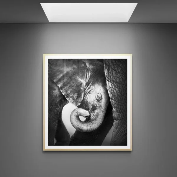Nature art of a baby elephant and its mother, symbolizing a timeless bond and love.