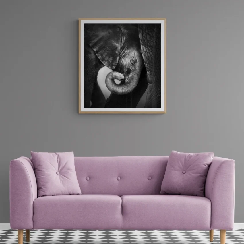 Nature art of a baby elephant and its mother, symbolizing a timeless bond and love.