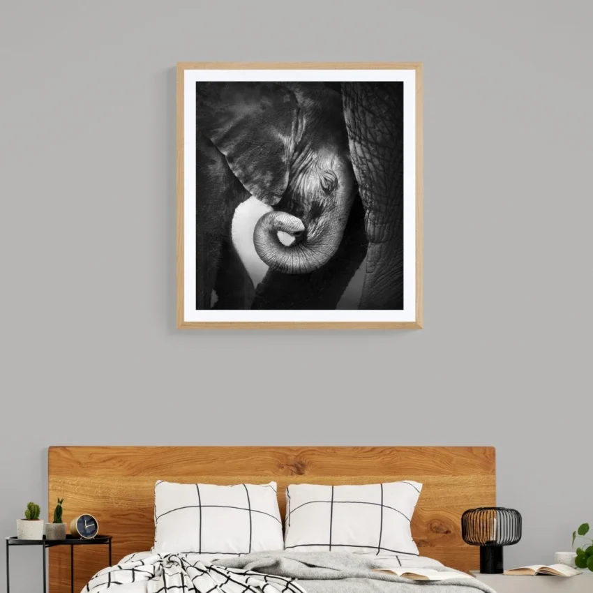 Nature art of a baby elephant and its mother, symbolizing a timeless bond and love.