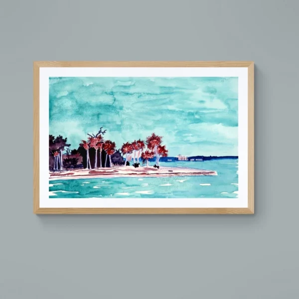 A watercolour painting wall art titled "Tranquil Shores" showing a peaceful coastal landscape with green trees, blue water, and a calm, turquoise sky.