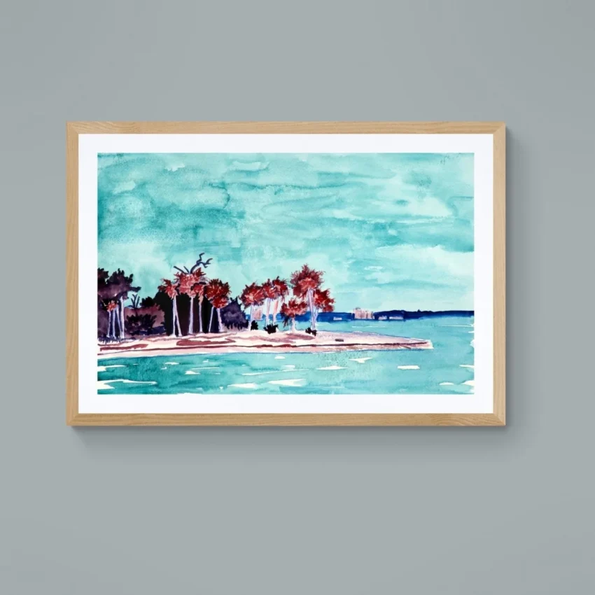 A watercolour painting wall art titled "Tranquil Shores" showing a peaceful coastal landscape with green trees, blue water, and a calm, turquoise sky.