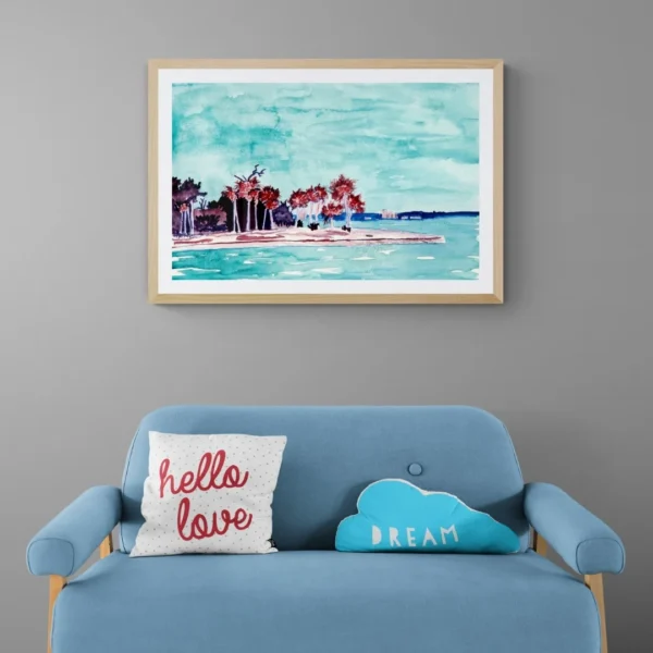 A watercolour painting wall art titled "Tranquil Shores" showing a peaceful coastal landscape with green trees, blue water, and a calm, turquoise sky.