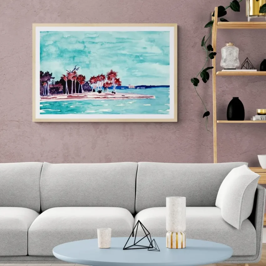 A watercolour painting wall art titled "Tranquil Shores" showing a peaceful coastal landscape with green trees, blue water, and a calm, turquoise sky.