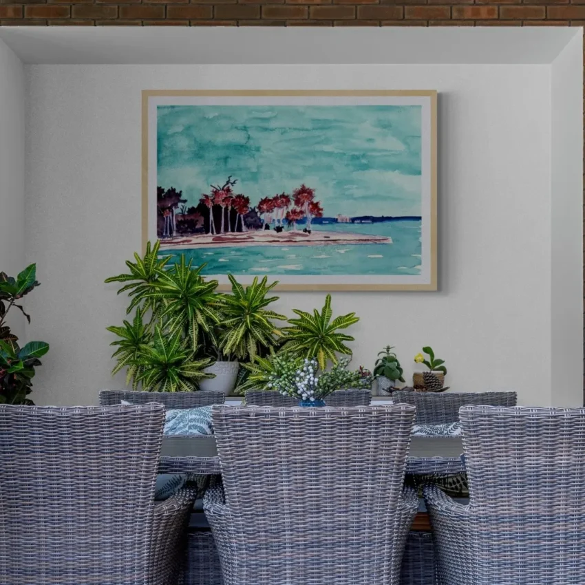 A watercolour painting wall art titled "Tranquil Shores" showing a peaceful coastal landscape with green trees, blue water, and a calm, turquoise sky.