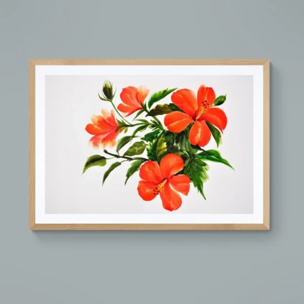 A painting of a vibrant bouquet of red hibiscus flowers with deep green leaves and a neutral backdrop.