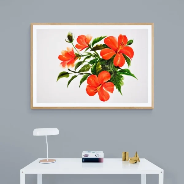 A painting of a vibrant bouquet of red hibiscus flowers with deep green leaves and a neutral backdrop.