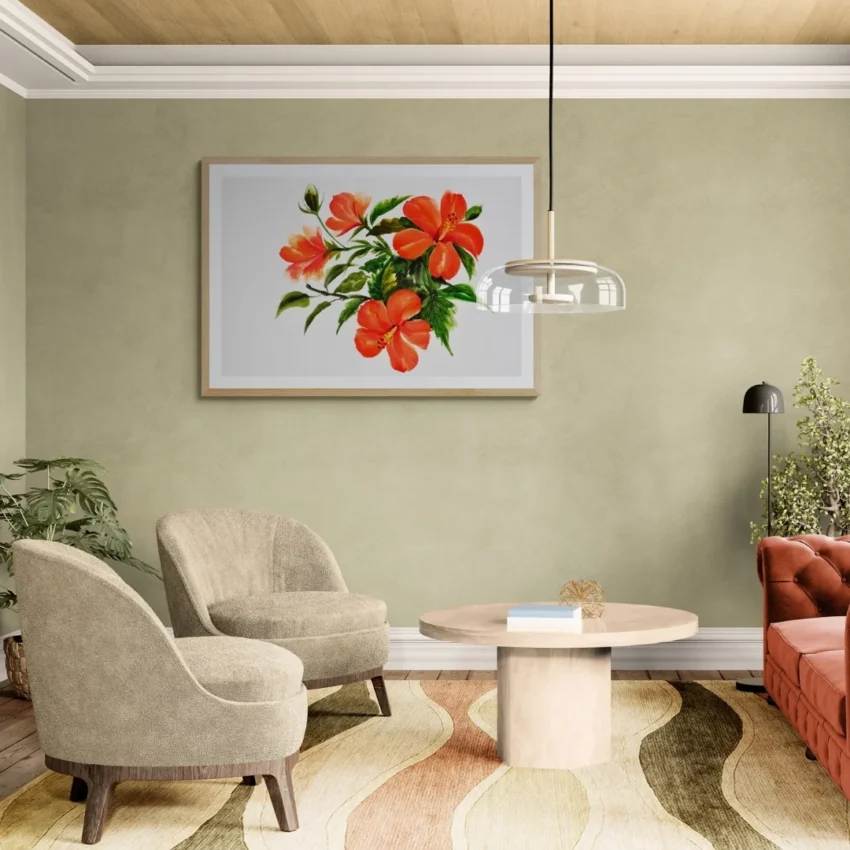 A painting of a vibrant bouquet of red hibiscus flowers with deep green leaves and a neutral backdrop.