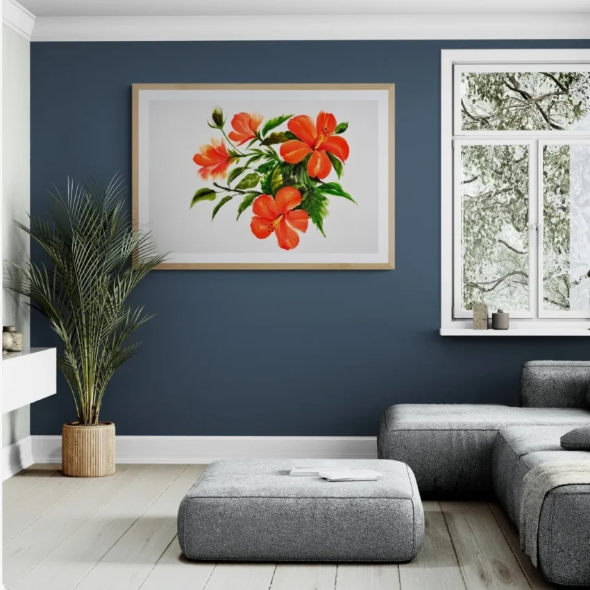 A painting of a vibrant bouquet of red hibiscus flowers with deep green leaves and a neutral backdrop.