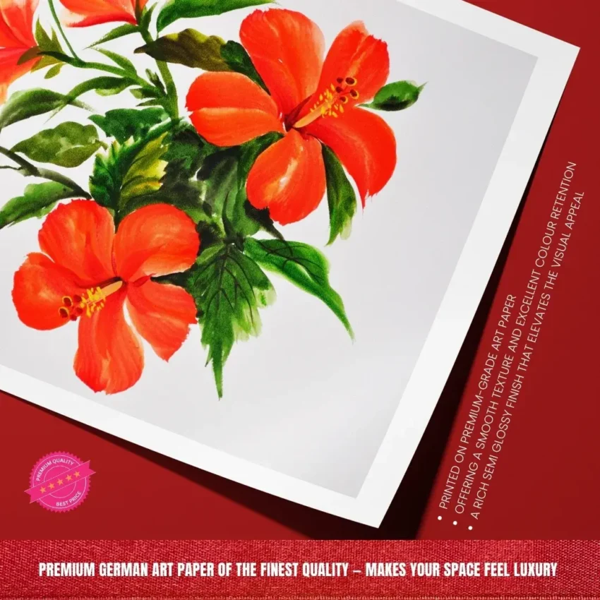 A painting of a vibrant bouquet of red hibiscus flowers with deep green leaves and a neutral backdrop.