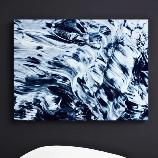 A modern, blue and white abstract painting titled "Rhythms of Fluidity" with swirling patterns, displayed as a canvas print on a wall.