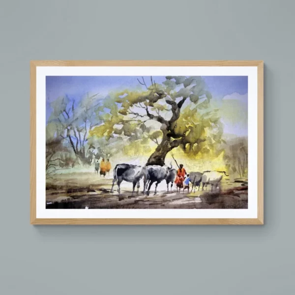 A framed painting titled "Rural Serenity" showing cattle and villagers resting under a large banyan tree in a peaceful countryside scene.