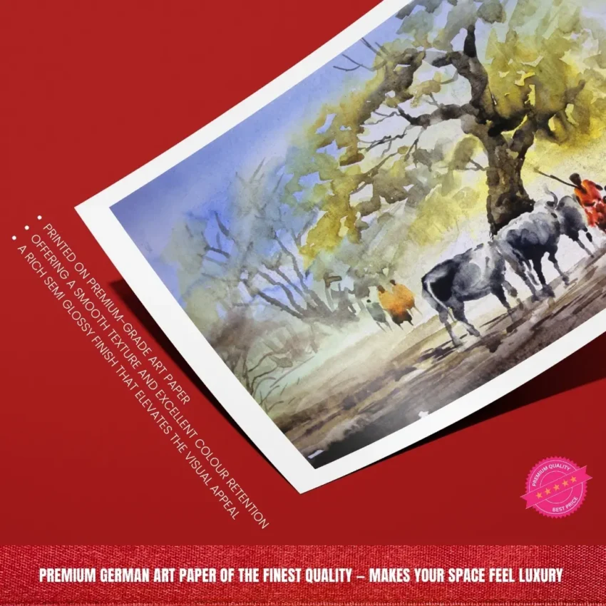 A framed painting titled "Rural Serenity" showing cattle and villagers resting under a large banyan tree in a peaceful countryside scene.