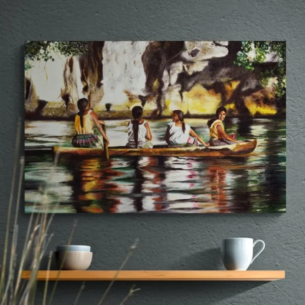 Nature-themed canvas wall art frame of girls in a canoe on a river, evoking peace and unity.