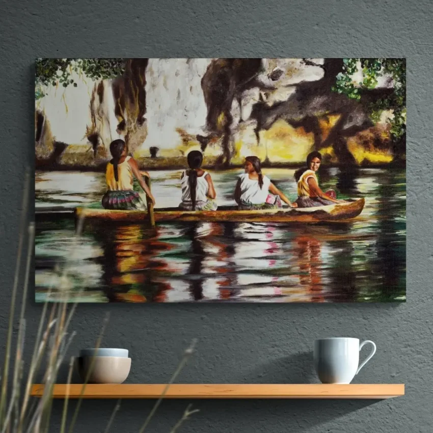 Nature-themed canvas wall art frame of girls in a canoe on a river, evoking peace and unity.