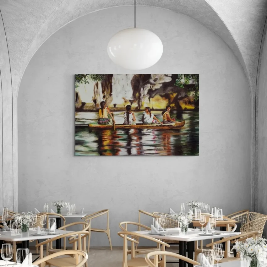 Nature-themed canvas wall art frame of girls in a canoe on a river, evoking peace and unity.