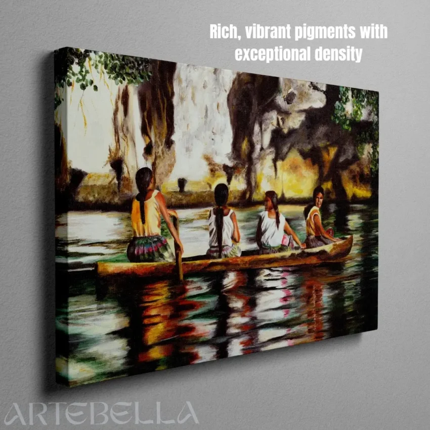 Nature-themed canvas wall art frame of girls in a canoe on a river, evoking peace and unity.