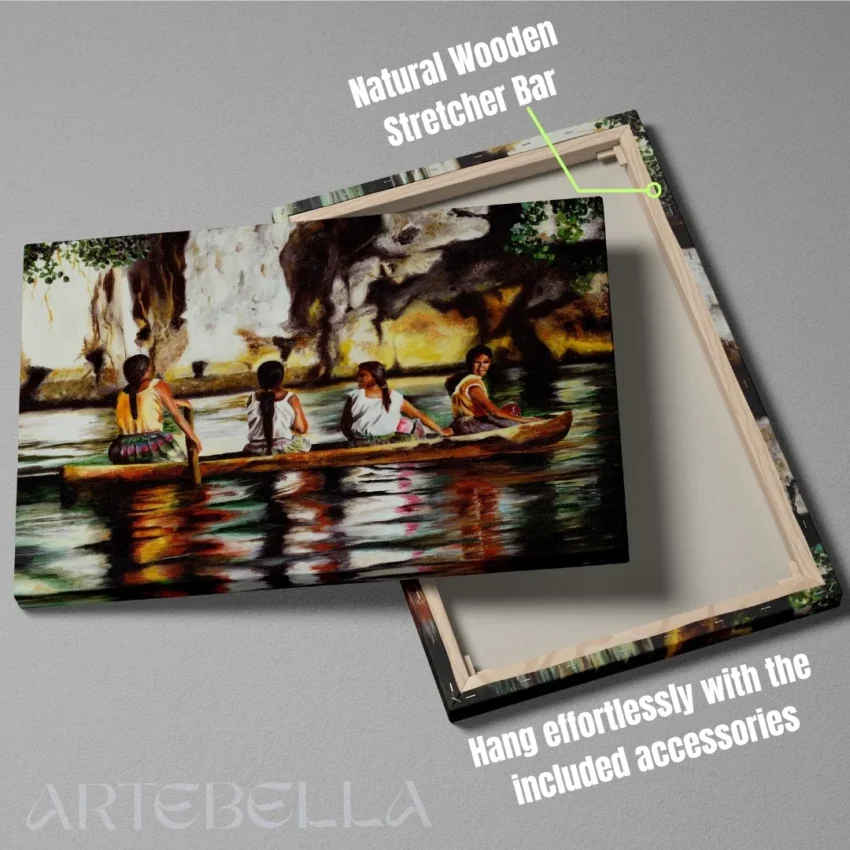 Nature-themed canvas wall art frame of girls in a canoe on a river, evoking peace and unity.