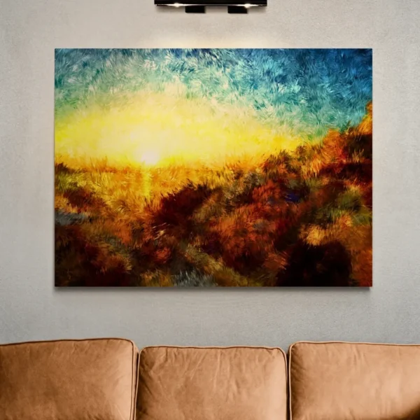 Gallery wraps abstract wall art canvas painting of a sunlit field with rich, textured brushstrokes, featuring warm yellows, oranges, and blues.